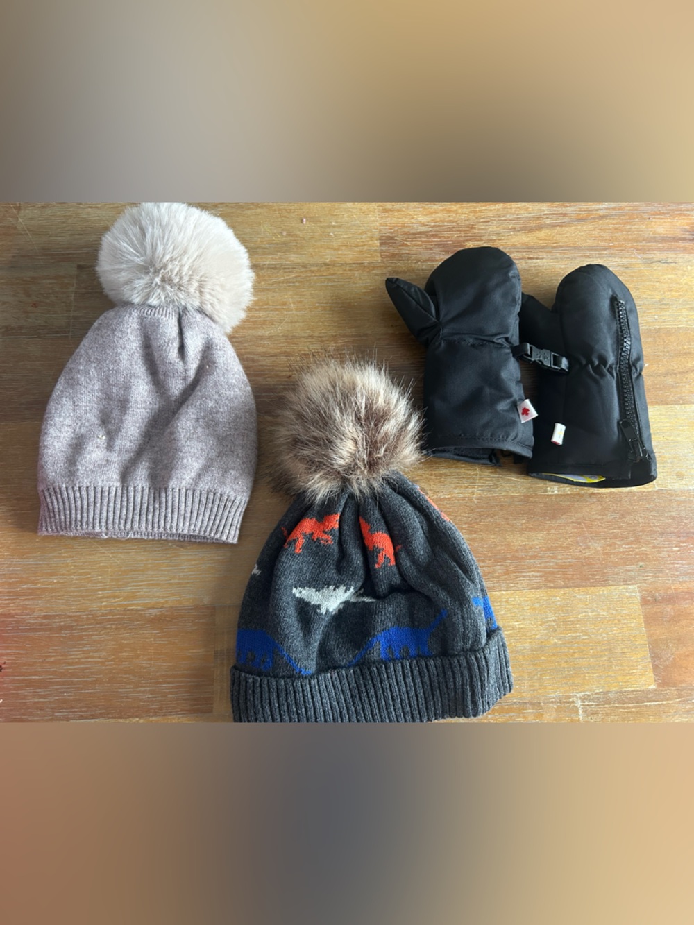 Kids Winter Pom Beanie and Mittens Set - Gray, Pink